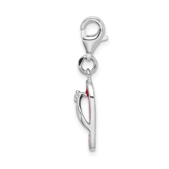 Sterling Silver Rhodium-Plated Polished 3-D Red Enameled Sandal Charm with Fancy Lobster Clasp