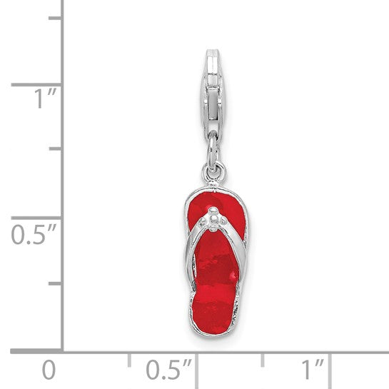 Sterling Silver Rhodium-Plated Polished 3-D Red Enameled Sandal Charm with Fancy Lobster Clasp