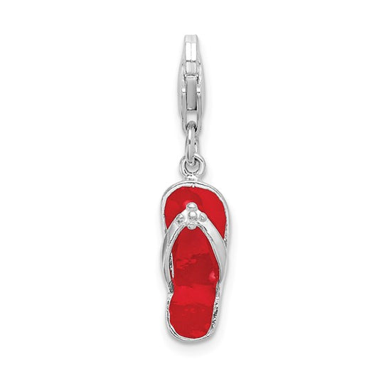 Sterling Silver Rhodium-Plated Polished 3-D Red Enameled Sandal Charm with Fancy Lobster Clasp