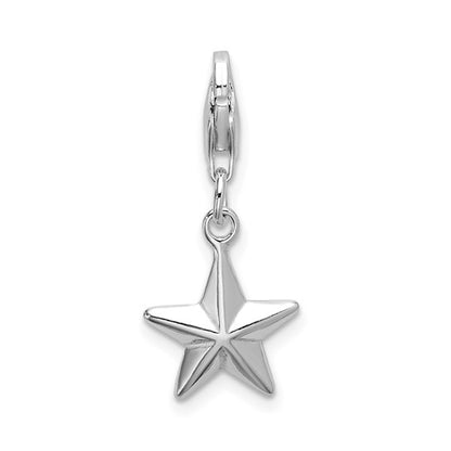 Sterling Silver Rhodium-Plated Polished 3-D Diamond-Cut Star Charm with Fancy Lobster Clasp