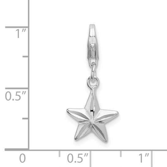 Sterling Silver Rhodium-Plated Polished 3-D Diamond-Cut Star Charm with Fancy Lobster Clasp