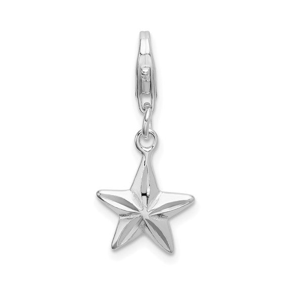 Sterling Silver Rhodium-Plated Polished 3-D Diamond-Cut Star Charm with Fancy Lobster Clasp