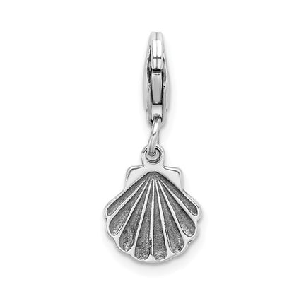 Sterling Silver Rhodium-Plated Polished Antiqued Clam Shell Charm with Fancy Lobster Clasp