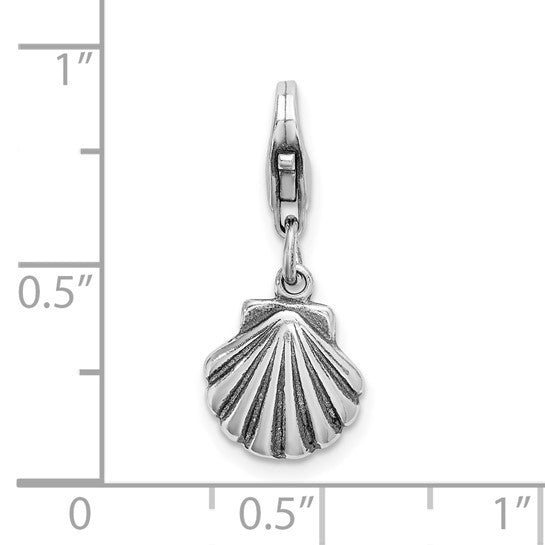 Sterling Silver Rhodium-Plated Polished Antiqued Clam Shell Charm with Fancy Lobster Clasp