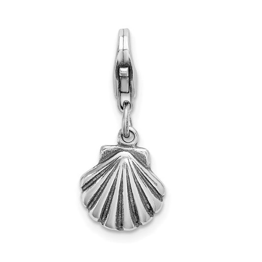 Sterling Silver Rhodium-Plated Polished Antiqued Clam Shell Charm with Fancy Lobster Clasp