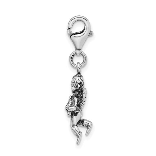 Sterling Silver Rhodium-Plated Polished 3-D Antiqued Angel with Harp Charm with Fancy Lobster Clasp