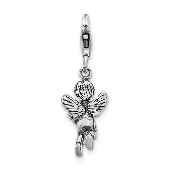 Sterling Silver Rhodium-Plated Polished 3-D Antiqued Angel with Harp Charm with Fancy Lobster Clasp