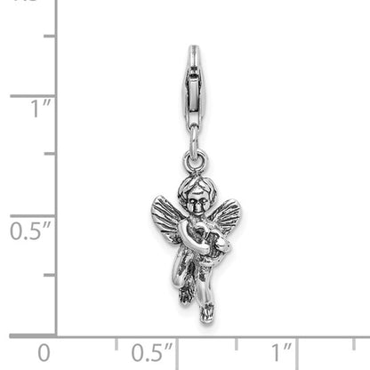 Sterling Silver Rhodium-Plated Polished 3-D Antiqued Angel with Harp Charm with Fancy Lobster Clasp