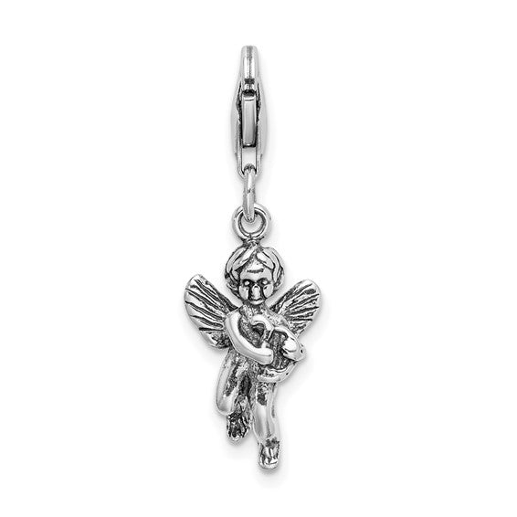 Sterling Silver Rhodium-Plated Polished 3-D Antiqued Angel with Harp Charm with Fancy Lobster Clasp