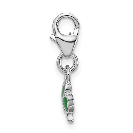 Sterling Silver Rhodium-Plated Polished 3-D Enameled Green Enameled Clover Charm with Fancy Lobster Clasp