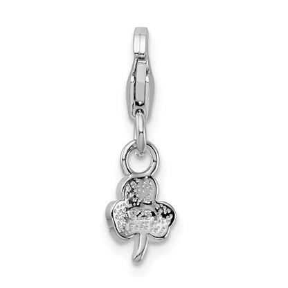 Sterling Silver Rhodium-Plated Polished 3-D Enameled Green Enameled Clover Charm with Fancy Lobster Clasp