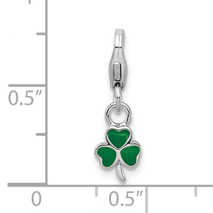 Sterling Silver Rhodium-Plated Polished 3-D Enameled Green Enameled Clover Charm with Fancy Lobster Clasp