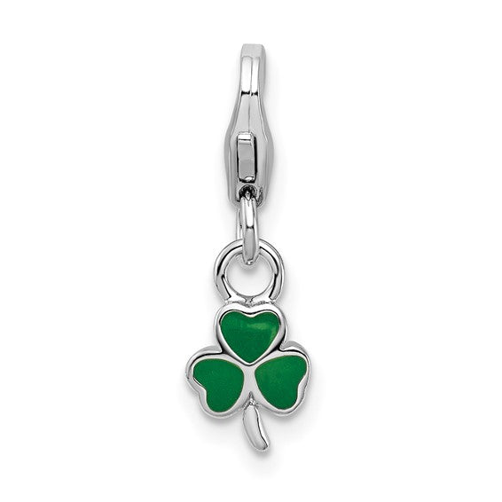 Sterling Silver Rhodium-Plated Polished 3-D Enameled Green Enameled Clover Charm with Fancy Lobster Clasp