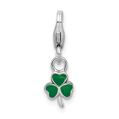 Sterling Silver Rhodium-Plated Polished 3-D Enameled Green Enameled Clover Charm with Fancy Lobster Clasp