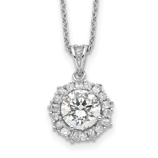 Sterling Silver Solitaire with Round & Emerald-Cut Halo Necklace