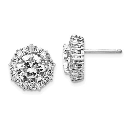 Sterling Silver CZ Solitaire with Round & Emerald-Cut Halo Post Earrings