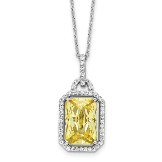 Sterling Silver Yellow CZ Emerald-Cut Solitaire with Halo Necklace