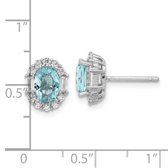 Sterling Silver Light Blue Oval-Cut CZ Solitaire w/White CZ Stones Halo Post Earrings