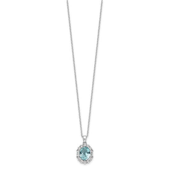 Sterling Silver Light Blue Oval-Cut CZ Solitaire with Halo Necklace