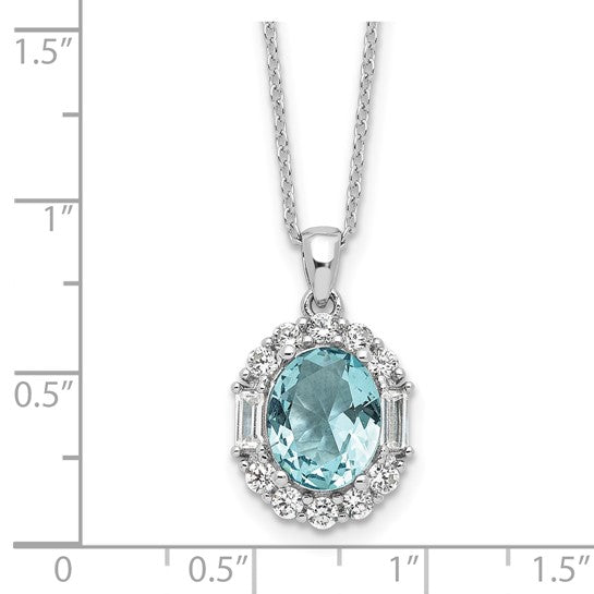 Sterling Silver Light Blue Oval-Cut CZ Solitaire with Halo Necklace