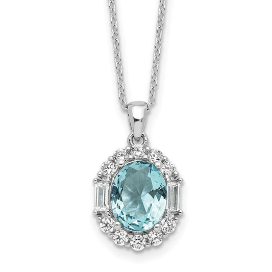 Sterling Silver Light Blue Oval-Cut CZ Solitaire with Halo Necklace