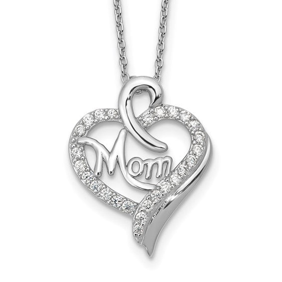 Sterling Silver CZ Heart Mom Necklace
