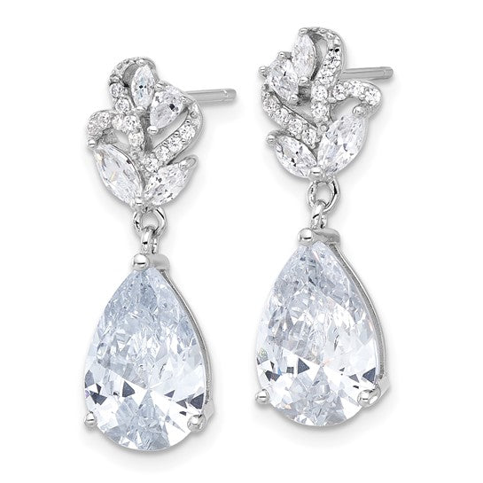 Sterling Silver Rhodium Plated Pear-Shaped CZ Dangle Earrings