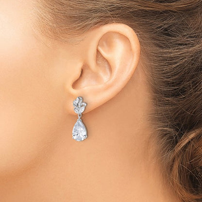 Sterling Silver Rhodium Plated Pear-Shaped CZ Dangle Earrings