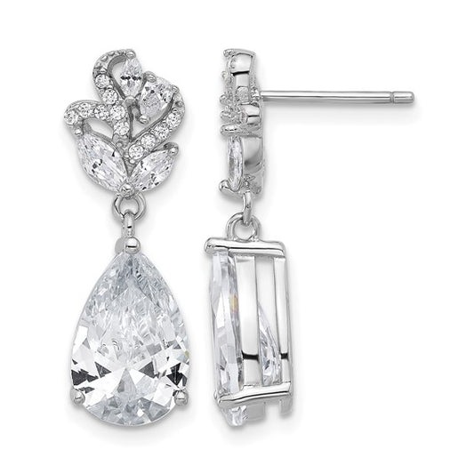 Sterling Silver Rhodium Plated Pear-Shaped CZ Dangle Earrings