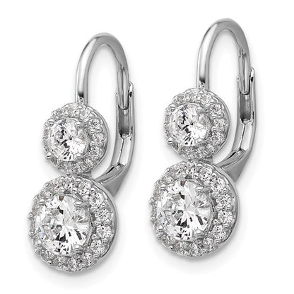 Sterling Silver CZ Double Solitaire w/ Halo Lever-Back Earrings