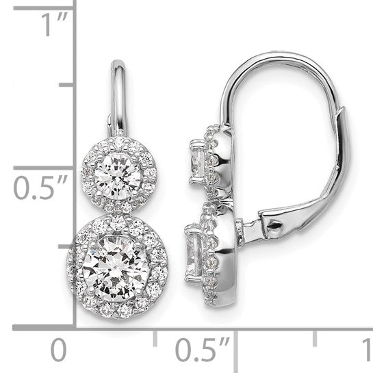 Sterling Silver CZ Double Solitaire w/ Halo Lever-Back Earrings