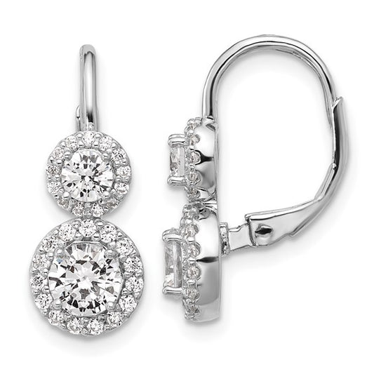 Sterling Silver CZ Double Solitaire w/ Halo Lever-Back Earrings
