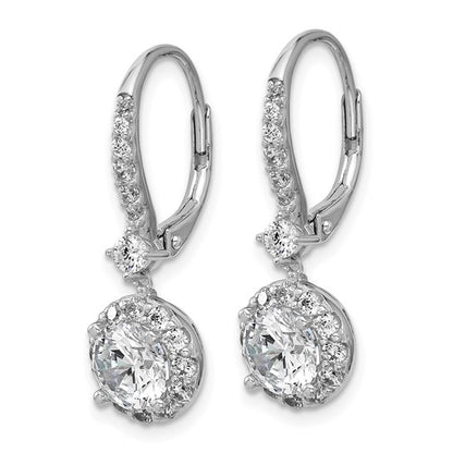 Sterling Silver CZ Halo Lever-Back Dangle Earrings