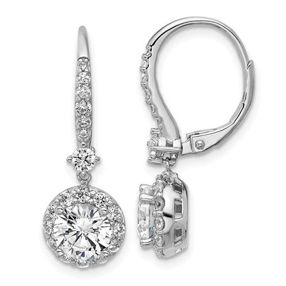 Sterling Silver CZ Halo Lever-Back Dangle Earrings