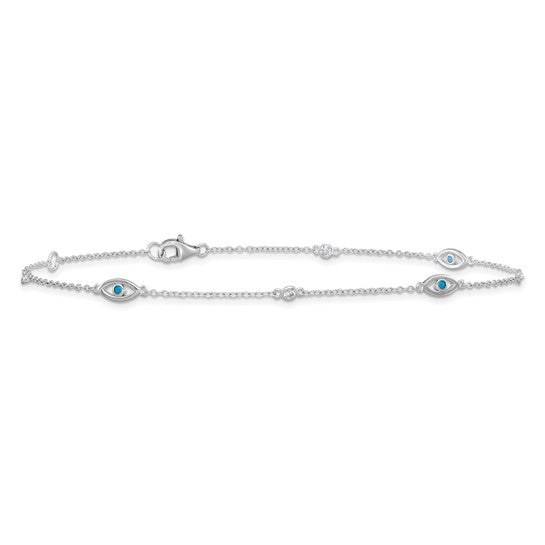 Sterling Silver Polished Blue Glass & CZ Evil Eye Anklet