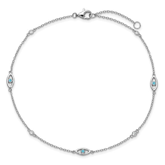 Sterling Silver Polished Blue Glass & CZ Evil Eye Anklet