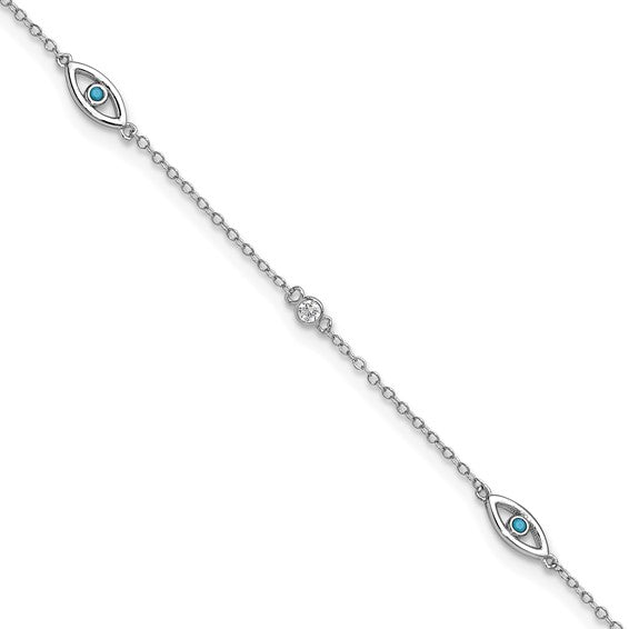 Sterling Silver Polished Blue Glass & CZ Evil Eye Anklet