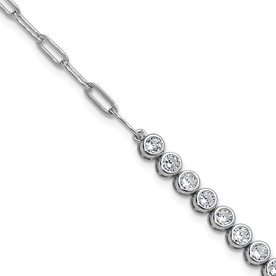 Sterling Silver Polished Bezel CZ Paperclip Link Bracelet