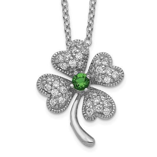 Sterling Silver CZ & Green Glass Four Leaf Clover Necklace