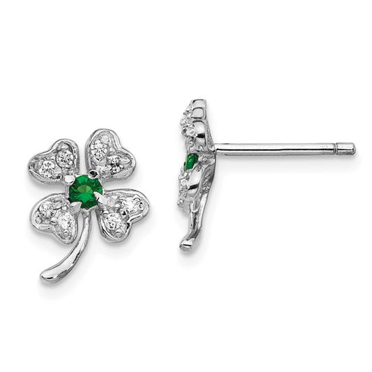 Sterling Silver CZ Four Leaf Clover Post Earrings