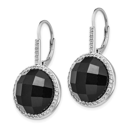 Sterling Silver Onyx & CZ Dangling Lever-back Earrings