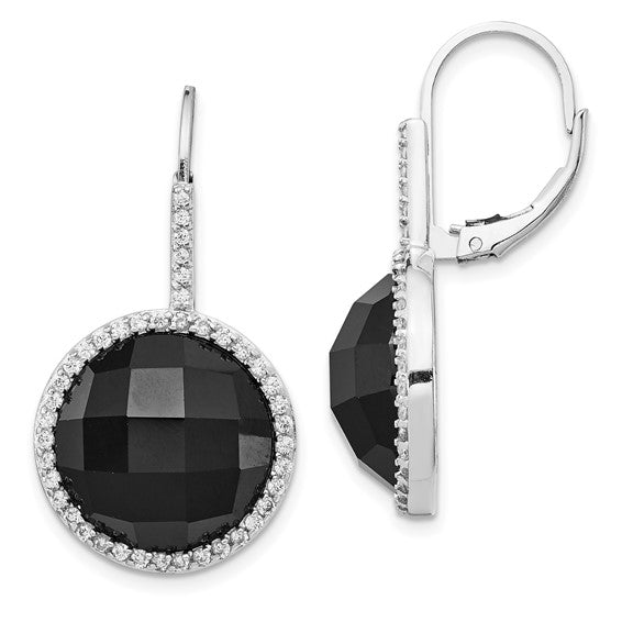 Sterling Silver Onyx & CZ Dangling Lever-back Earrings