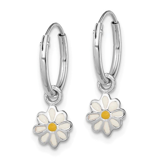 Sterling Silver Yellow and White Enameled Daisy Dangle Round Hoop Earrings