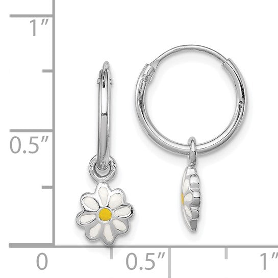 Sterling Silver Yellow and White Enameled Daisy Dangle Round Hoop Earrings