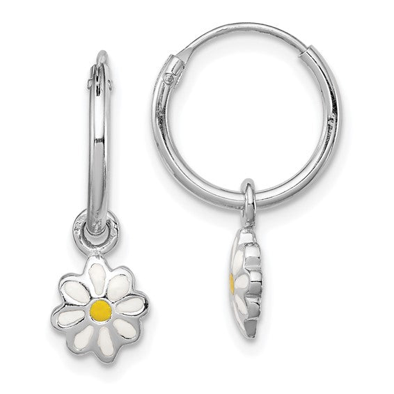 Sterling Silver Yellow and White Enameled Daisy Dangle Round Hoop Earrings