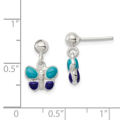 Sterling Silver Blue and Purple Enameled Butterfly Post Dangle Earrings