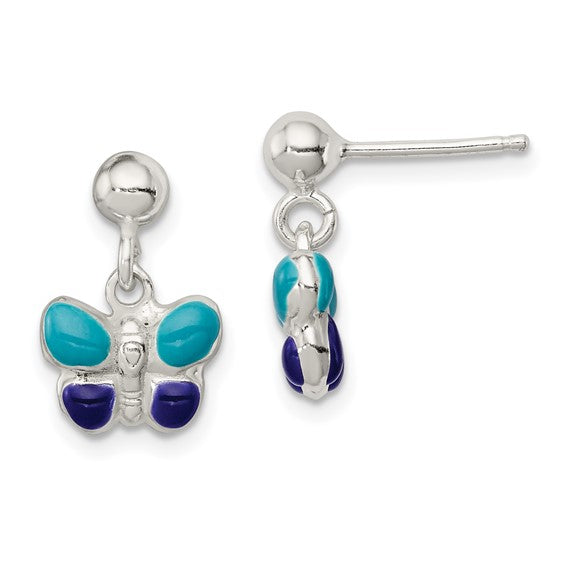 Sterling Silver Blue and Purple Enameled Butterfly Post Dangle Earrings