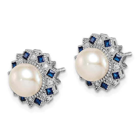 Sterling Silver FWC Pearl, CZ,  & Lab-Created Blue Spinel Post Earrings