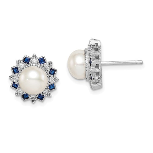 Sterling Silver FWC Pearl, CZ,  & Lab-Created Blue Spinel Post Earrings