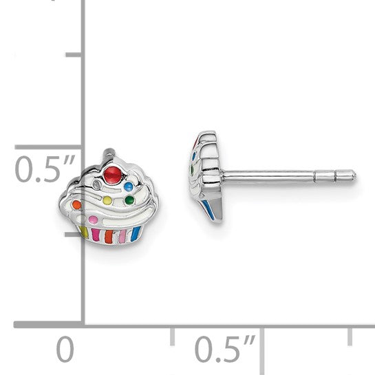 Sterling Silver Rhodium-Plated Multi-Color Enameled Cupcake Post Earrings